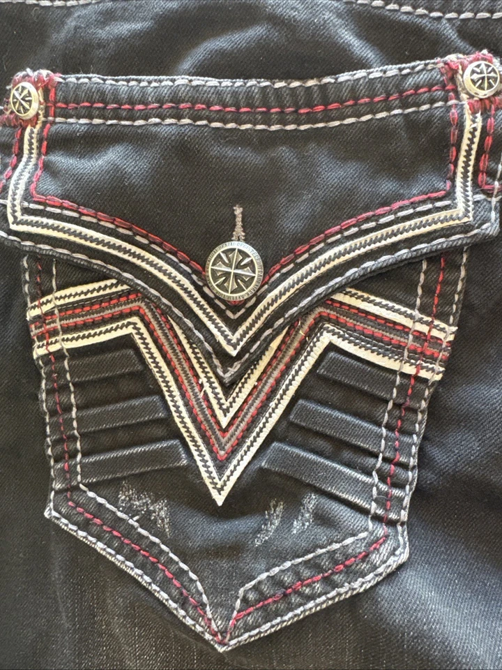 Pantalones de mezclilla bordados Y2K Affliction Ace talla para hombre 36x32 negros premium Foto 2 de 4