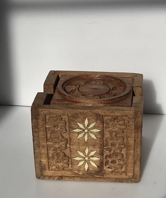 Hand Carved Wood Coaster Set (6) Holder With Mother Of Pearl Inlay India