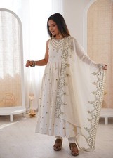 Traditional Outfit White Roman Silk Gown Bottom With Dupatta For Festival Wear