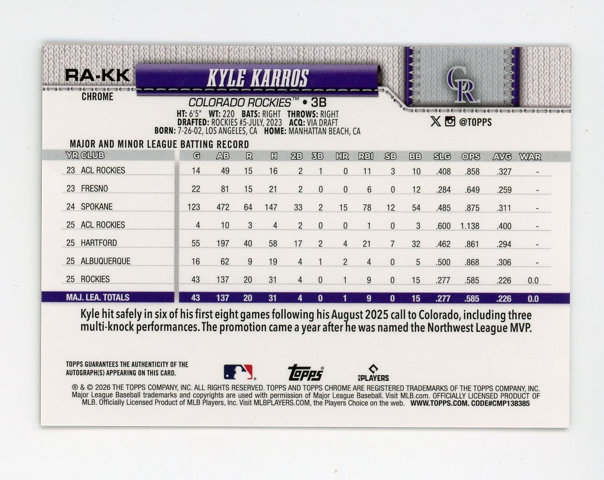 2026 Topps Chrome #RA-KK Kyle Karros Rookie Auto Gold Raywave Refractor /50 RC view 2