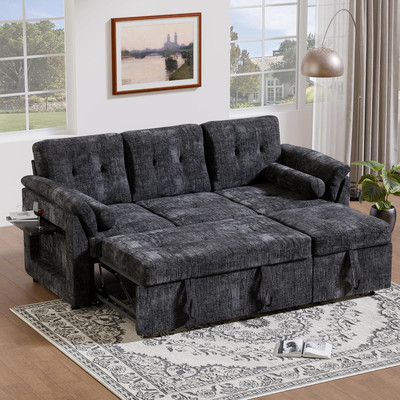3-in-1 Convertible Sofa Bed with Side Table, Adjustable Backrest, Black