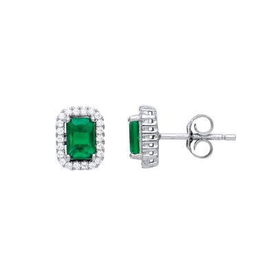 Silver Jewelco London green emerald cut CZ Football Stadium Stud Earrings