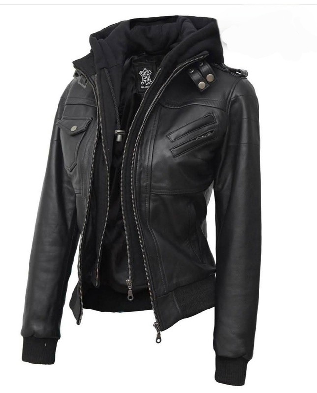 Black Leather Women's Bomber Jacket with Removable Hood.  2XL Tall.
