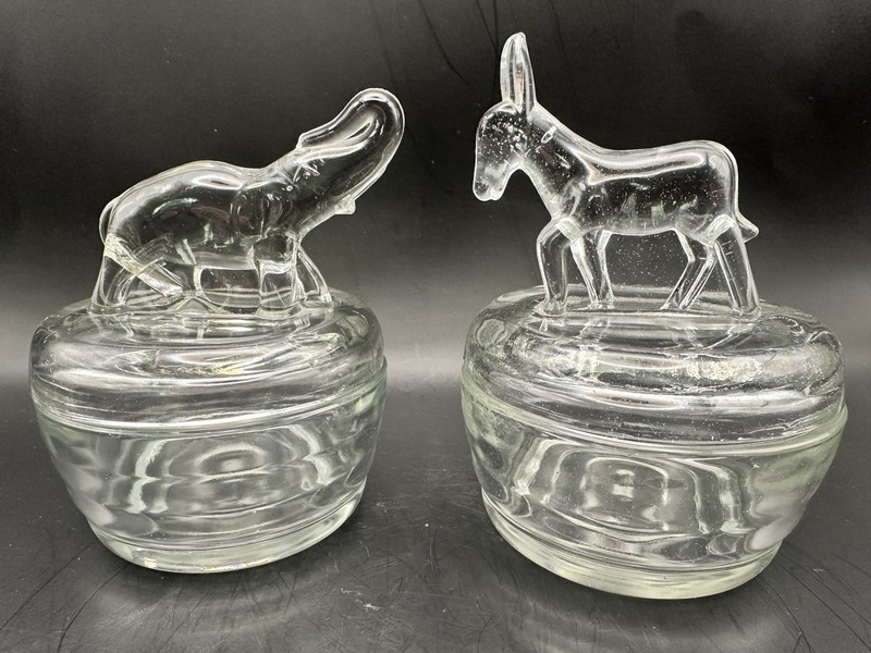Set of 2 JEANETTE GLASS Powder / Trinket Jars (Donkey & Elephant)