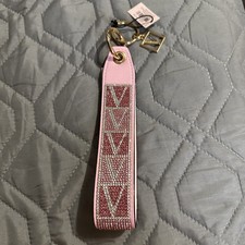 Bling Victoria's Secret Pink Logo VS Rhinestone Keychain Wristlet Strap Key Ring