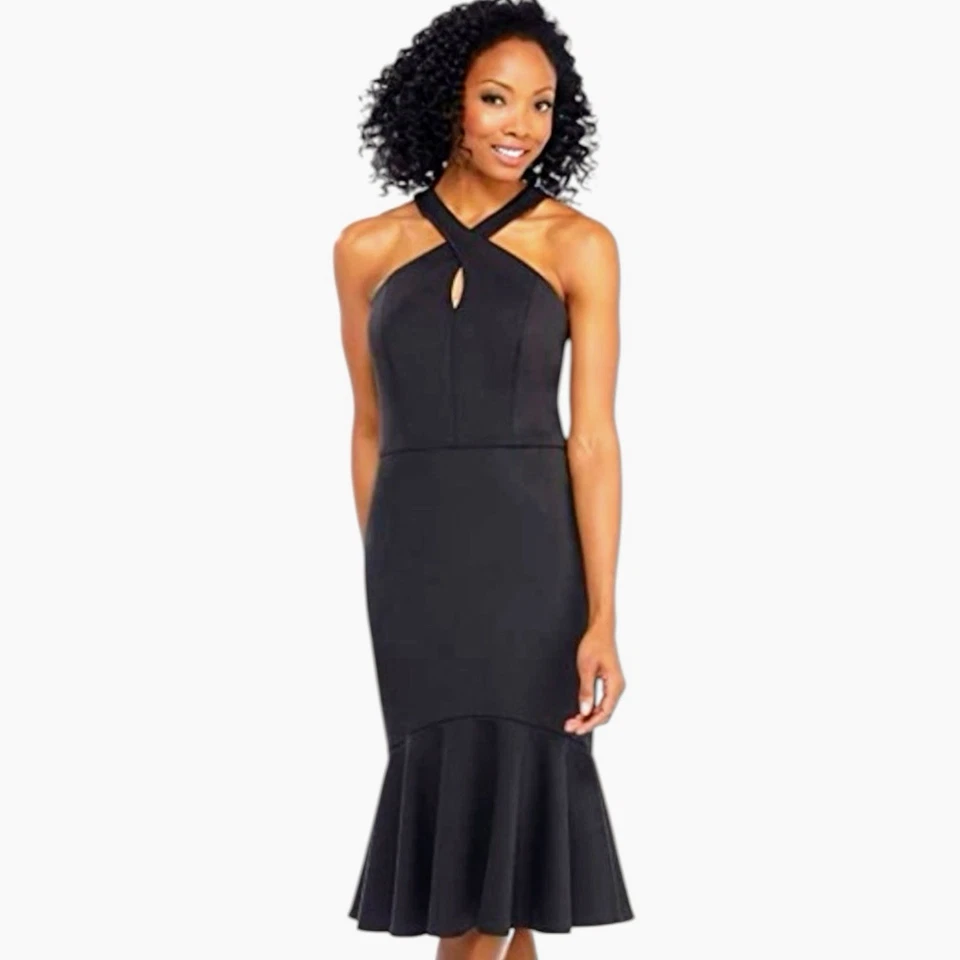 Maggy London Womens Size 10 Samantha Flounce Dress Cross Halter Keyhole Ruffle - Image 2 of 4