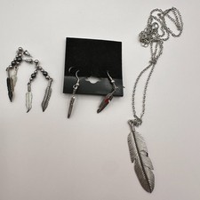 Vintage 90s Boho Feather Silver Tone Necklace Dangle Earrings 3Pcs Set Jewelry