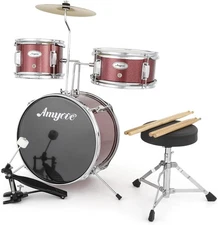Children's 3-Piece Red Acoustic Drum Set, Wood & Metal Construction for Beginner