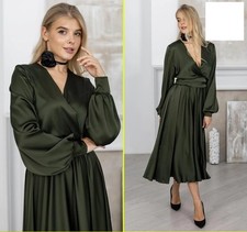 Olive Green Bridesmaid V-Neck Satin Tea Evening Maxi Long Sleeve Cocktail Dress
