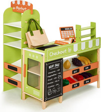 Pretend Grocery Store Playset for Kids,Wooden Supermarket Toy Set with Cash Regi