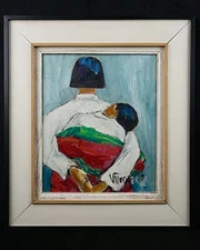 Vintage Framed Original Expressionist Acrylic Painting on Canvas "Maternal Love"