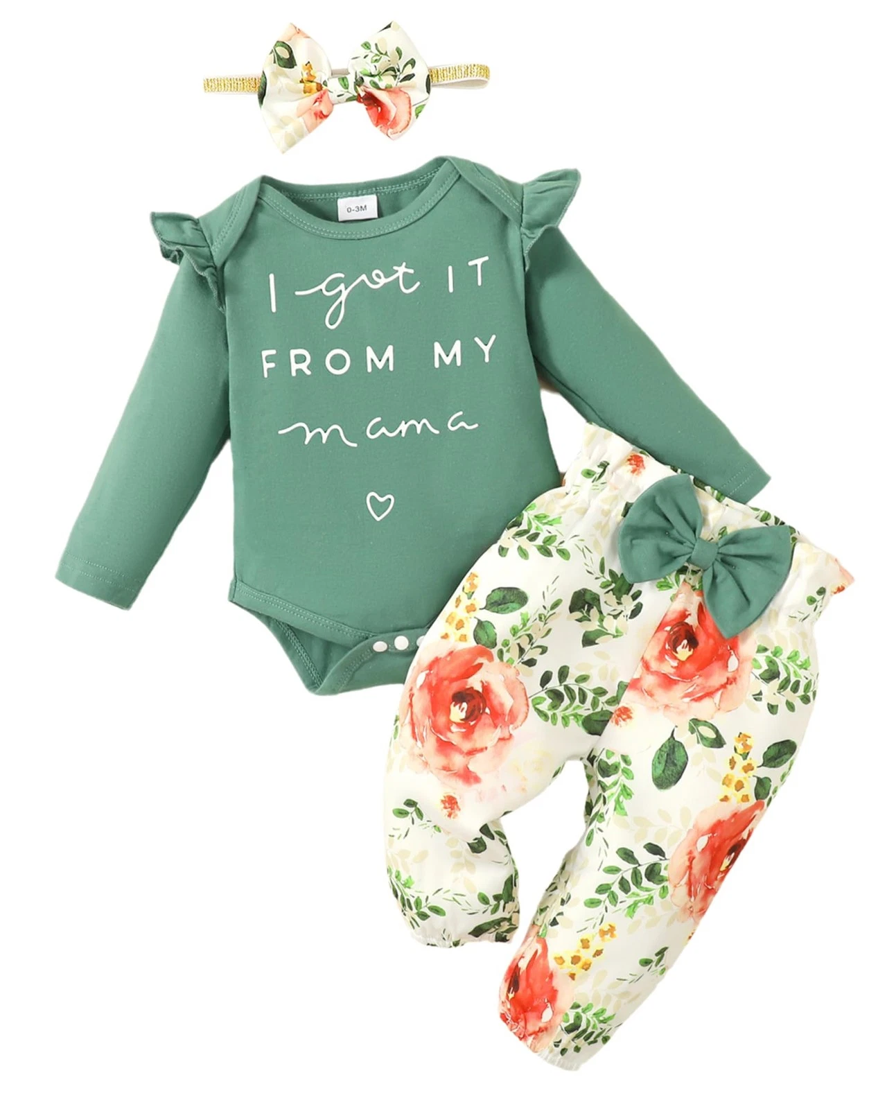 Green Baby Girl Romper & Pant Set 3-6 Months – Long Sleeve Ruffle Fall Outfit