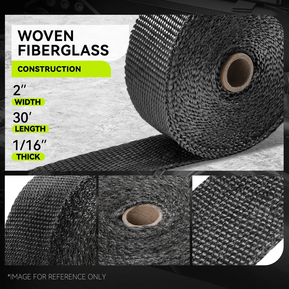 Cabezal de escape de fibra de vidrio negro de 2" de 30 pies envoltura térmica y lazos de acero inoxidable de 5 piezas Foto 3 de 4