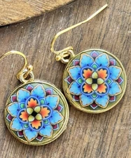 Colorful Mandala Flower Earrings. Boho Chic. Gold, Blue, Orange and Red.