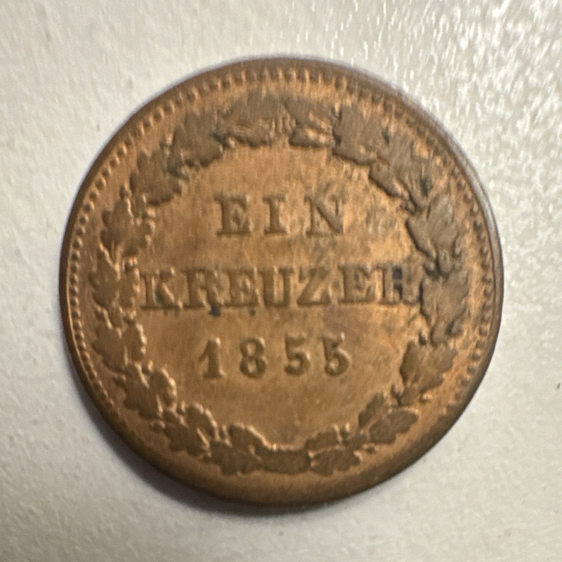1855 German States 1 Kreuzer Copper Coin BN, Saarburg Hutten EIN KREUZER