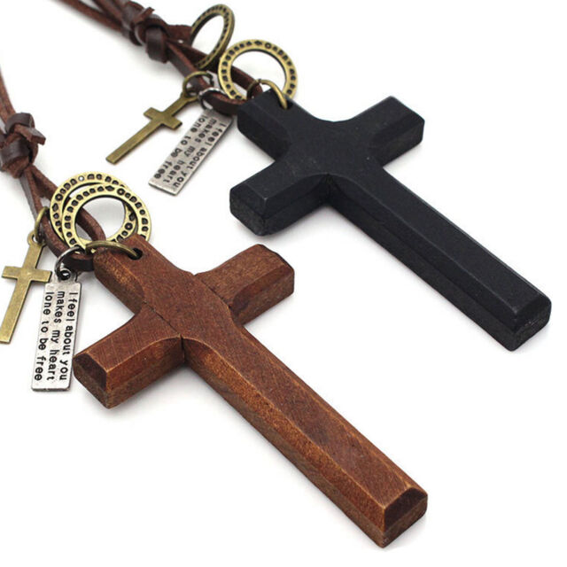 Vntage Wooden Cross Pendant Leather Rope Necklace Adjustable for Men Women New