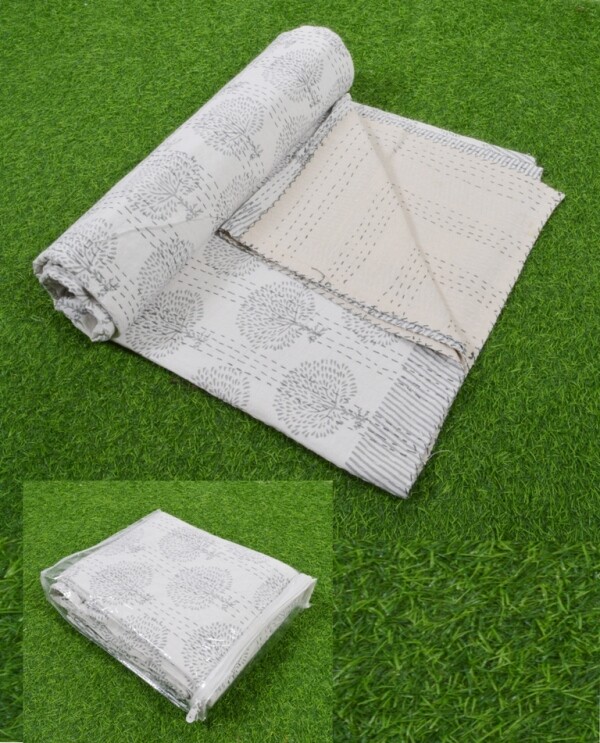 Art Kantha Double Quilt Tree Print Reversible Blanket Cotton Bohemian