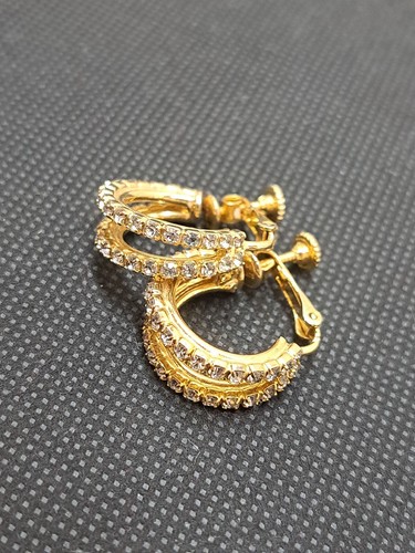 Vintage Les Bernard Rhinestone, Gold Plated Double Hoop Clip On Earrings - Picture 3 of 8