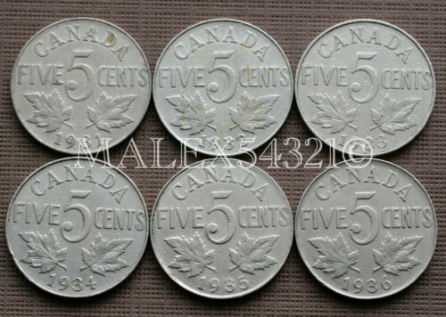 🇨🇦​ CANADA 1931 1932 1933 1934 1935 1936 GEORGE V 5 CENTS SET NICKELS - Photo 1/2