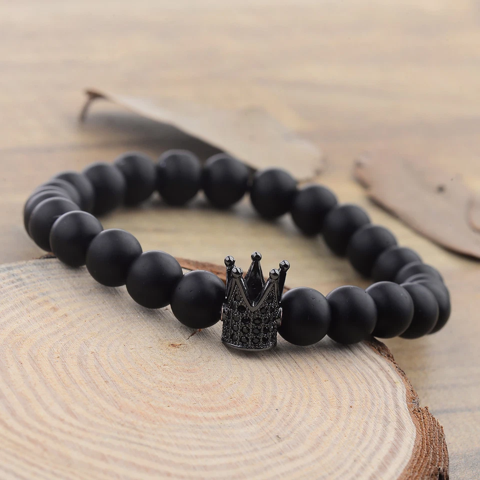 Juego de 2 piezas de pulsera con cuentas de piedras preciosas de ágata mate corona y cruz chapada en rodio para hombre Foto 4 de 4