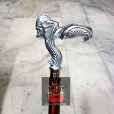Chrome Finish Alien Skull Head Metal Handle Victorian Wooden Cane Walking Stick