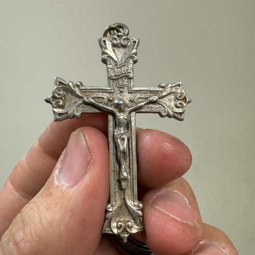 VTG CRUCIFIX PENDANT JESUS Cross Silvertone 1.75" INRI