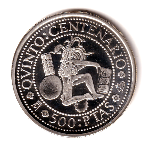 ESPAÑA 500 pesetas plata 1989 FDC mate JUEGO DE PELOTA Chichen Itza 2 reales