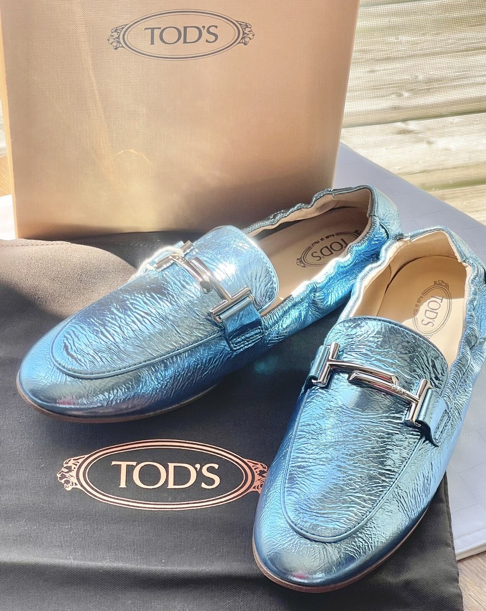 TOD'S Women's Double T Textured &Metallic SkyBlue Leather Loafers