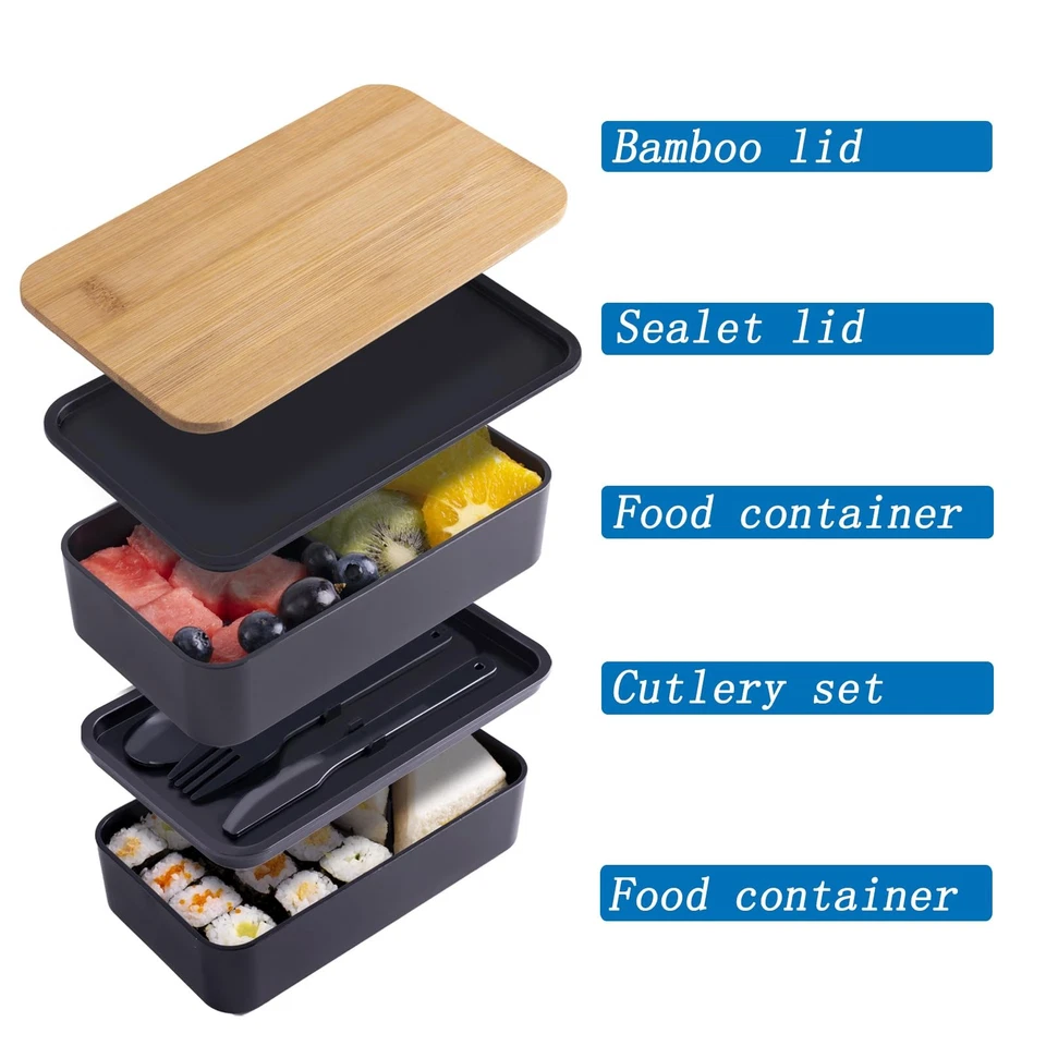 Japanese Bamboo Bento Box with Compartments and Utensils Stackable Lunch Box ... - Image 2 of 4