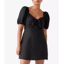 And Other Stories 100% Linen Black Mini Dress Sz 6 LBD Smocked Back Puff Sleeves