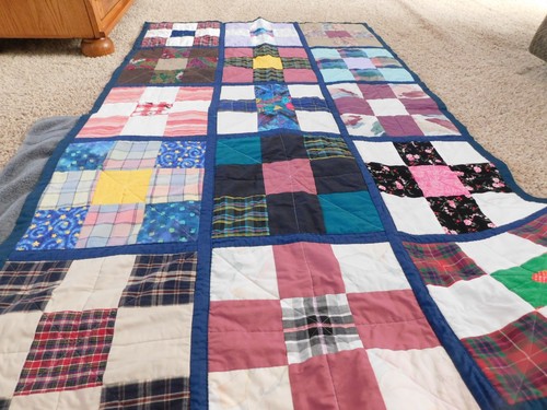 25-855 NOS Handmade Double Sided Squares Throw Quilt Lap Cotton Plaid Solid - Picture 2 of 11