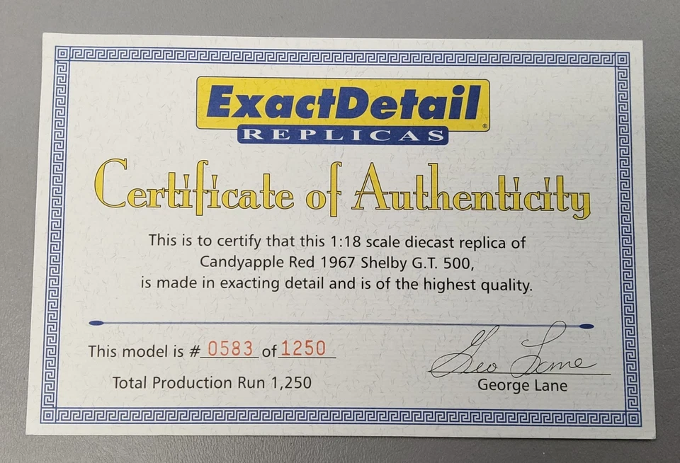 1967 Mustang Shelby GT 500 1:18 Scale Diecast By Exact Detail Replicas #WCC705 - Image 3 of 4