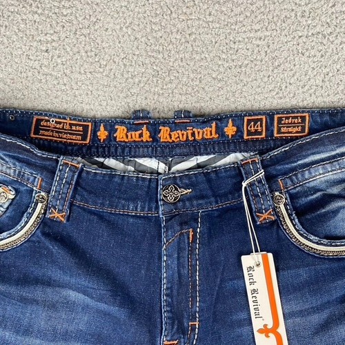 Rock Revival Jedrek Jeans Straight Fit Men's 44x34 Medium Wash New Distressed - Picture 4 of 17