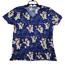 Frosty The Snowman Scrub Top Blue S Nurse Caregiver Aide Tech Holiday Christmas