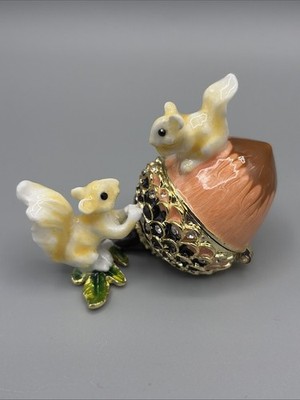 Trinket Box Squirrels & Acorn Nut Crystal Jeweled Enameled Hinged - See Video