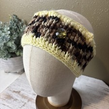 Knitted Handmade Crochet Headband W/button Boho Brown, Black , Light Yellow