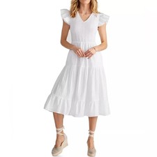Vineyard Vines White Smocked V Neck Midi Dress Ruffle Sleeves Cottagecore Preppy