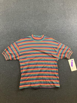 Vintage Aileen Petites Shirt Womens Medium Green Blue Striped Mock Neck 90s
