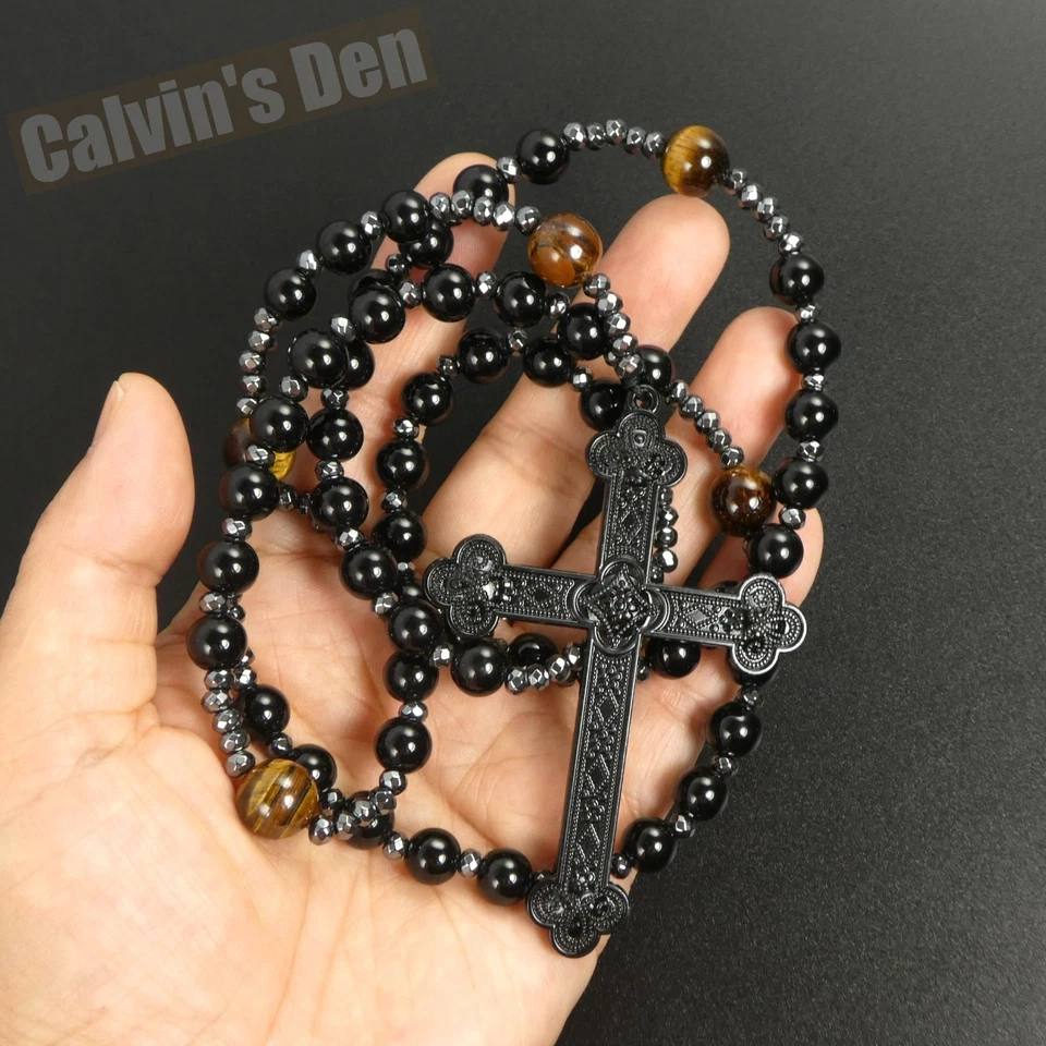 Large Gothic Punk Cross Pendant Tiger Eye Black Onyx Beads Rosary Necklace Men - Image 4 of 4