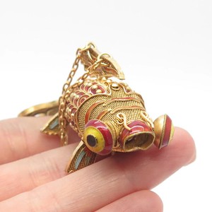 Authentic 925 Sterling Silver Gold Plated Antique Enamel Chinese Koi Fish Chatelaine Fob