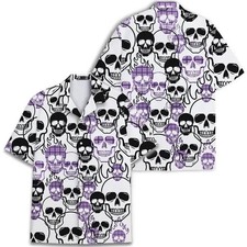 Goth Skull Hawaiian Shirt - Purple  Black Flame Design - Adults  Youth