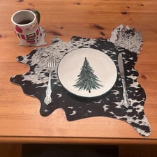 Cowhide Place Mat and Coaster Set - Grey, Black and White Size: 19X17 inch