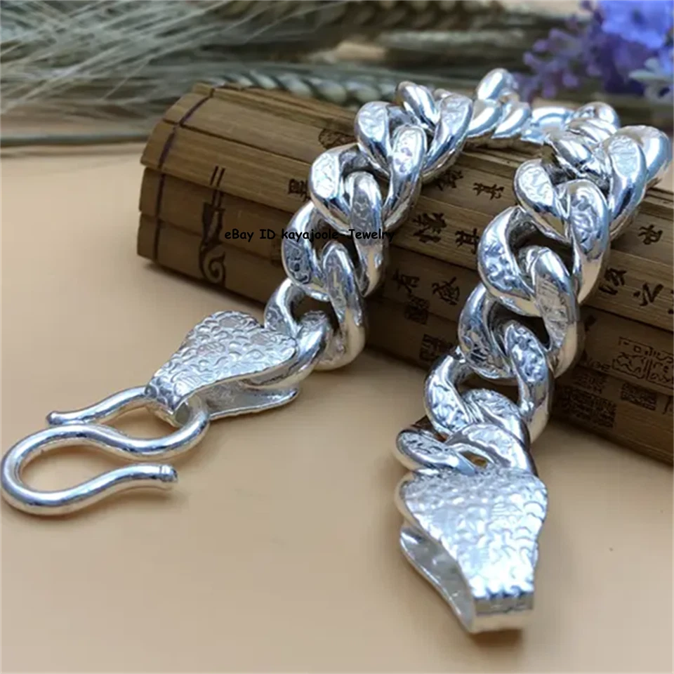 Solid 999 Fine Silver Chain 7mm-18mm Fu Pattern Cuban Curb Link Bracelet 6-9inch - Image 3 of 4