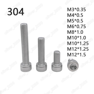Fine Thread 304 Stainless Steel Hex Socket Bolts Cap Head Screws M3/M4/M5/M6/M8