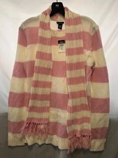 pink and white stripe sweater womens size L with matching attached scarf