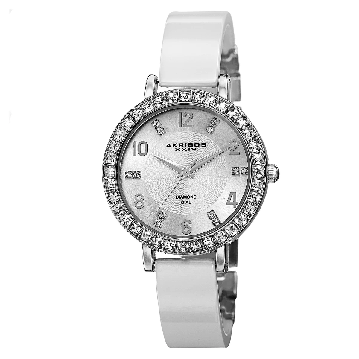 New Women s Akribos XXIV AK758SSW Swiss Diamond Accented Ceramic Bangle Watch
