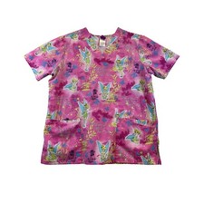 Disney Scrub Top Womens M Pink Tinkerbell Medical V-Neck Pixie Dust