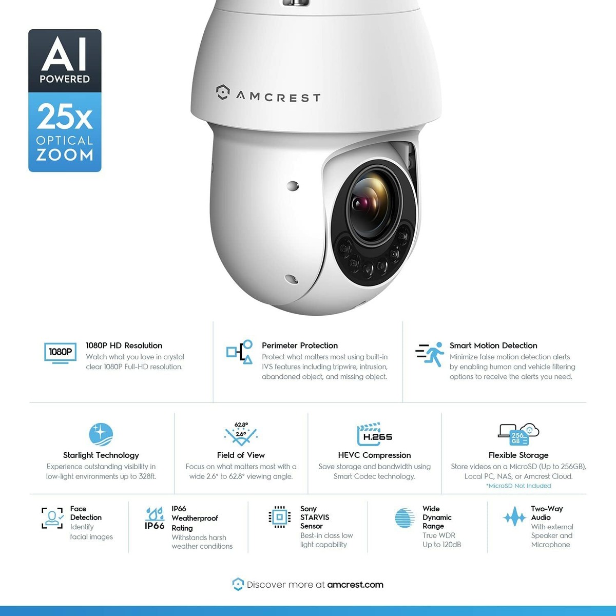 Amcrest 2MP Outdoor PTZ POE AI 25x Optical Zoom IP Security Camera