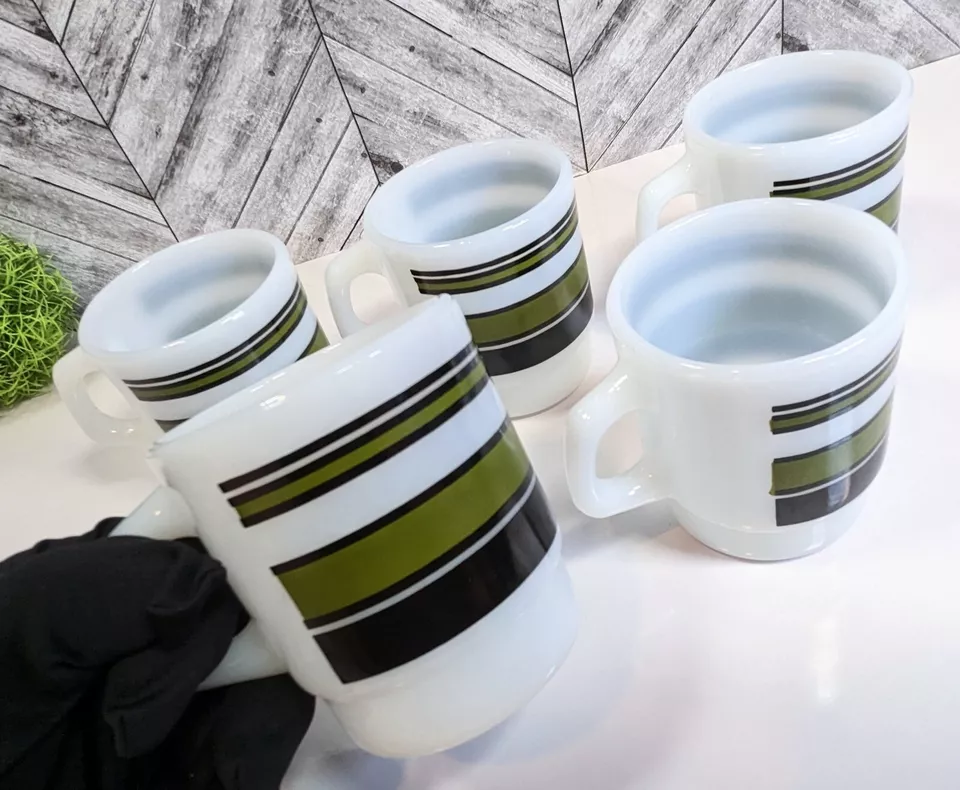 LOT Vintage 5 Fire-king Coffee Milk Glass MUG Olive green Stripes Anchor Hocking - Image 2 of 4