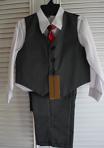 NWT ANDREW FEZZA 4Pc Boy's Suit Black Pinstripe Sz 4 ~ Shirt, Pants, Vest & Tie - Picture 4 of 7